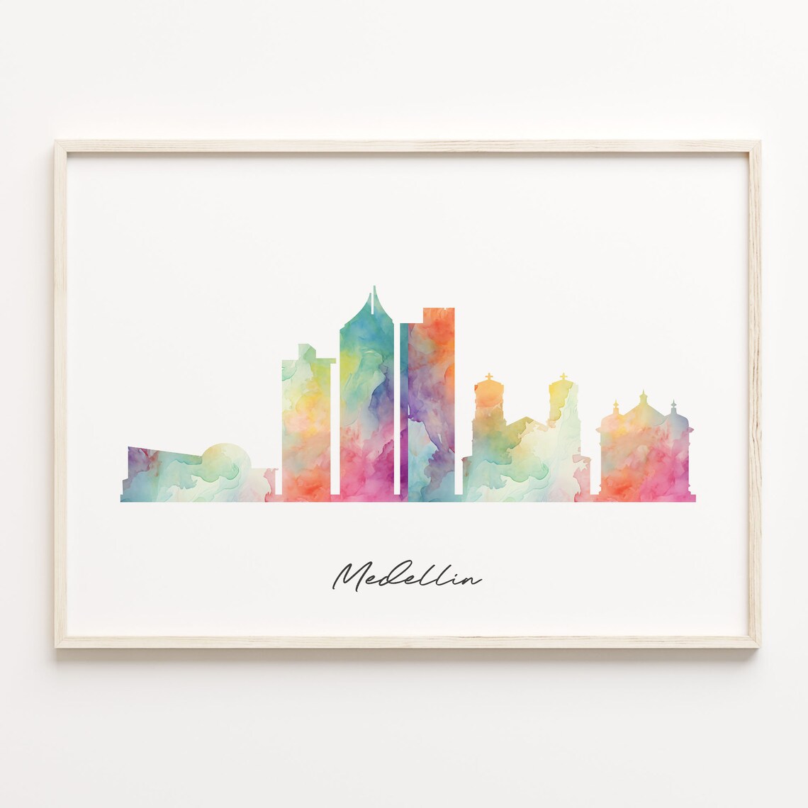 Medellin Colombia Watercolor Skyline Poster Minimalist Cityscape Art