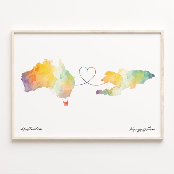 Australia To Kyrgyzstan Watercolor Map Heart Long Distance Love Poster