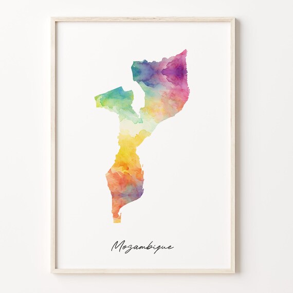 Mozambique Watercolor Map Rainbow Country Silhouette Geography Wall Poster