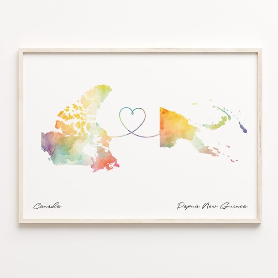 Canada to Papua New Guinea Watercolor Map Heart Love Gift Poster