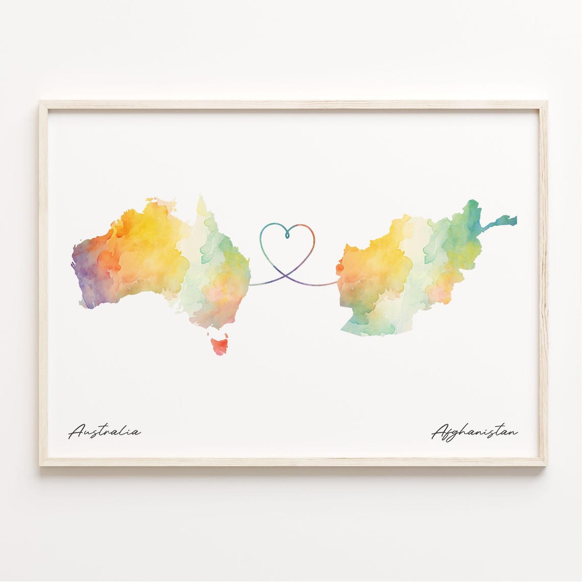 Australia To Afghanistan Watercolor Heart Map Connection Travel Poster