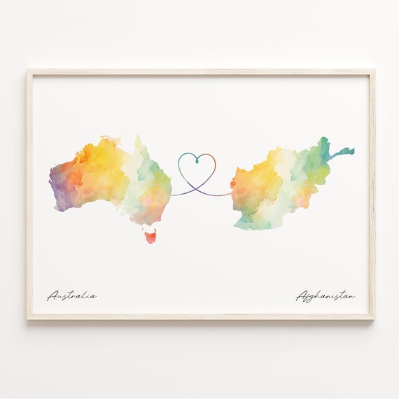 Australia To Afghanistan Watercolor Heart Map Connection Travel Poster