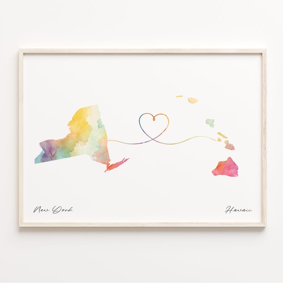 New York To Hawaii Watercolor State Map Connection Art Print