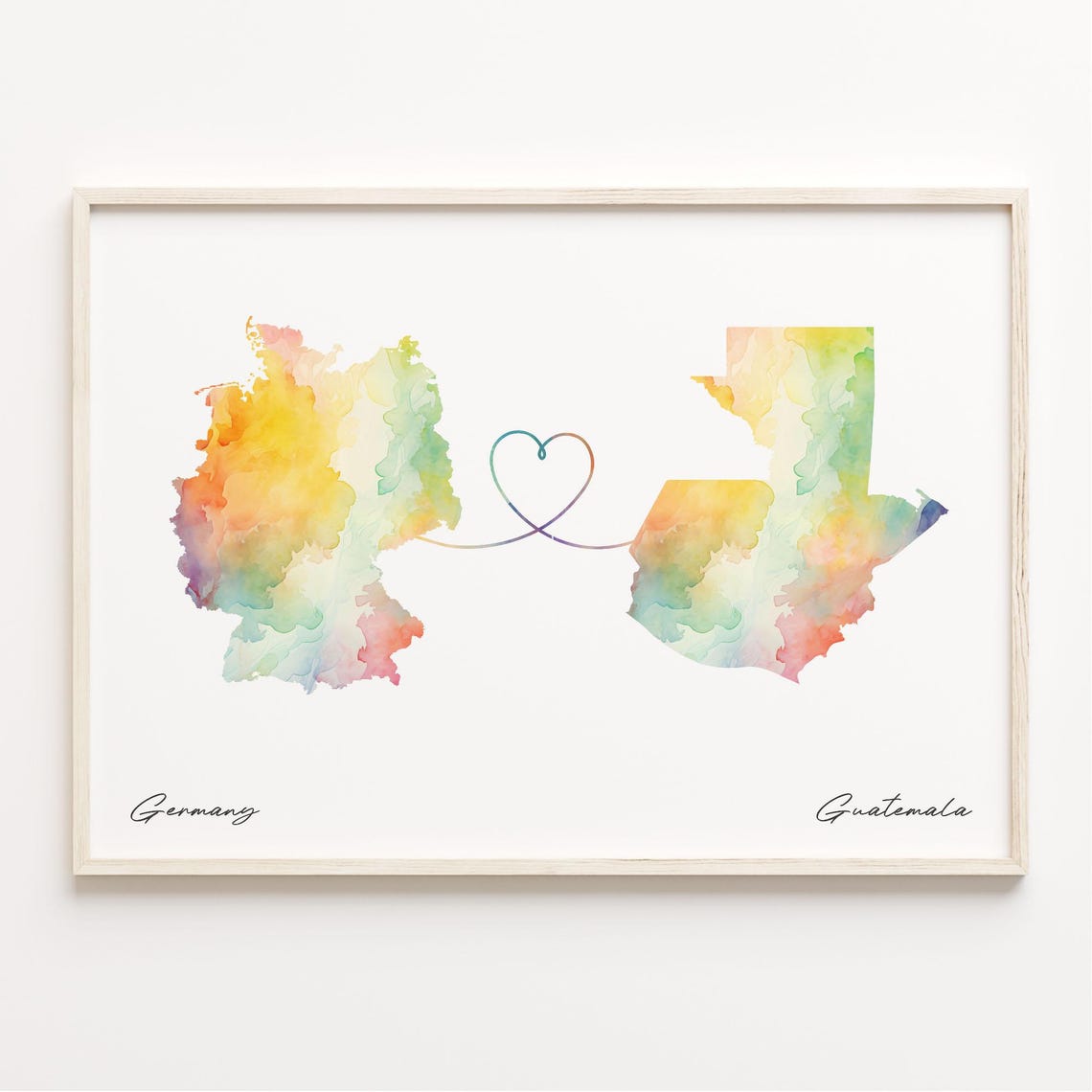 Germany Guatemala Watercolor Heart Map Long Distance Love Poster