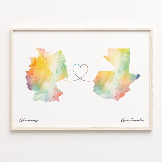 Germany Guatemala Watercolor Heart Map Long Distance Love Poster