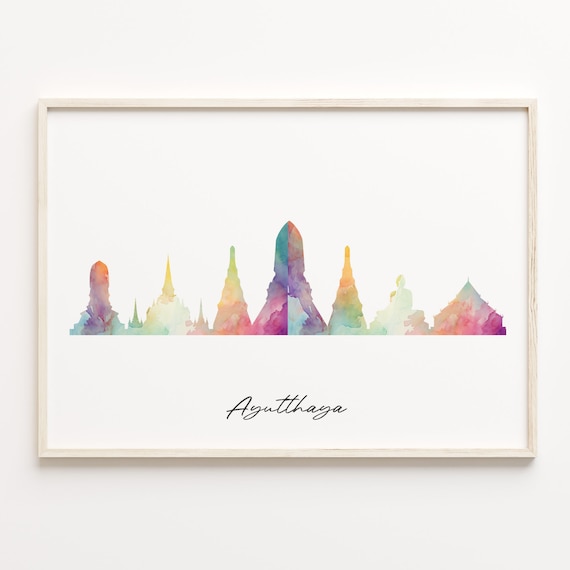 Ayutthaya Thailand Watercolor Temple Skyline Travel Wall Poster