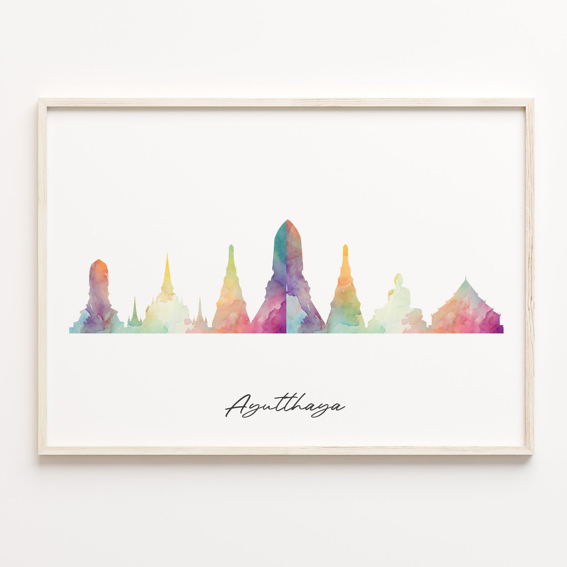 Ayutthaya Thailand Watercolor Temple Skyline Travel Wall Poster