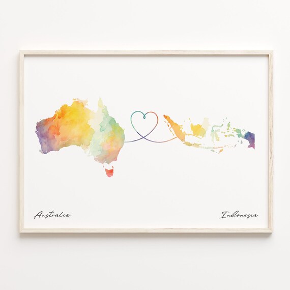 Australia to Indonesia Heart Watercolor Map Long Distance Poster
