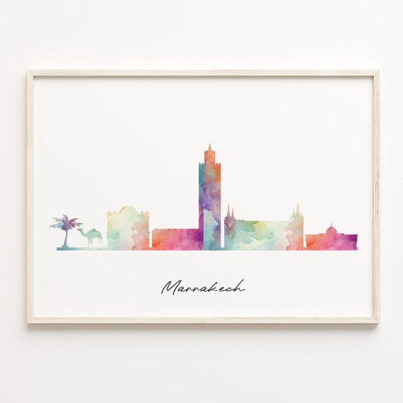 Marrakech Morocco Watercolor Skyline Poster with Camel Silhouette