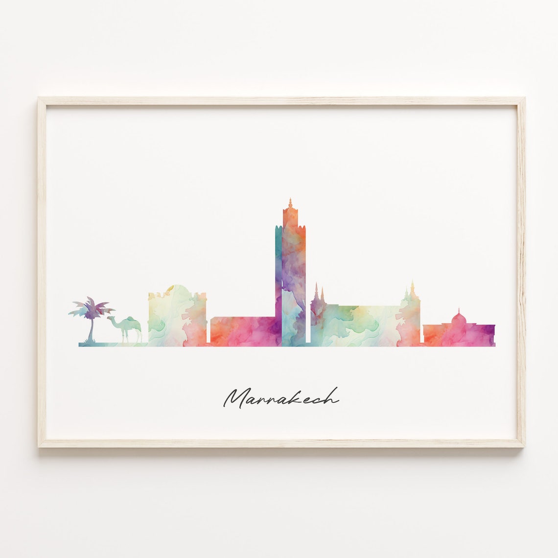 Marrakech Morocco Watercolor Skyline Poster with Camel Silhouette