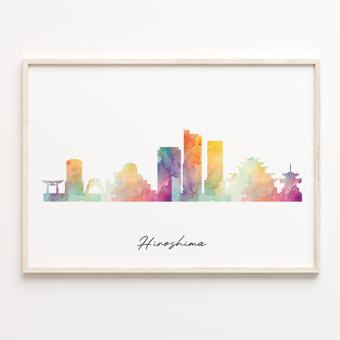Hiroshima Japan Watercolor Skyline Cityscape Rainbow Art Poster