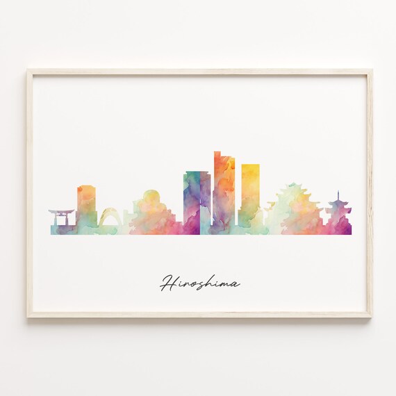 Hiroshima Japan Watercolor Skyline Cityscape Rainbow Art Poster