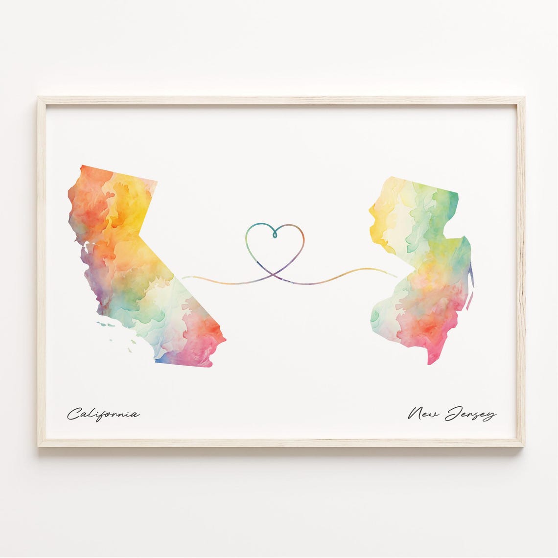 California To New Jersey Long Distance Love Watercolor Map Poster