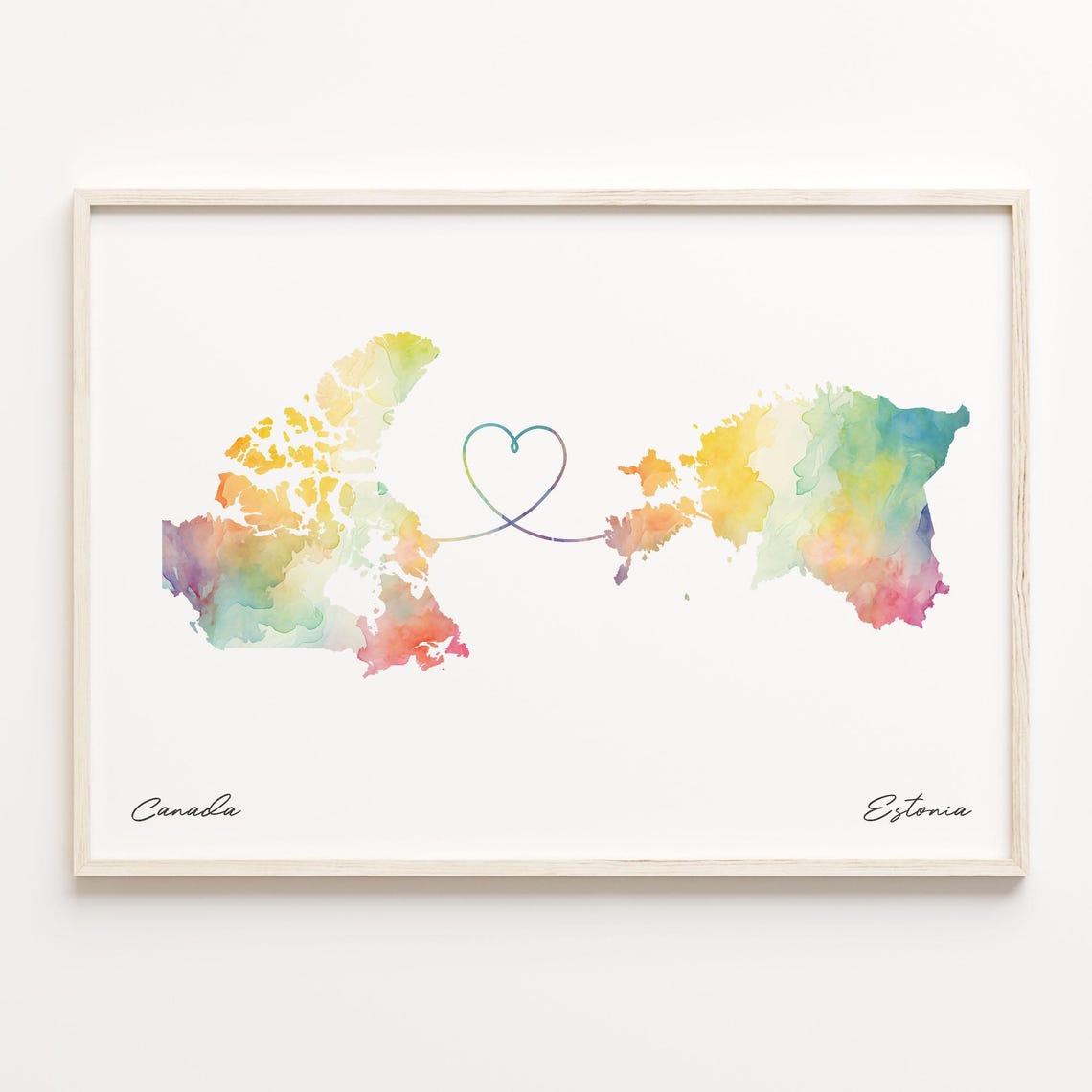 Canada To Estonia Watercolor Long Distance Love Heart Map Poster