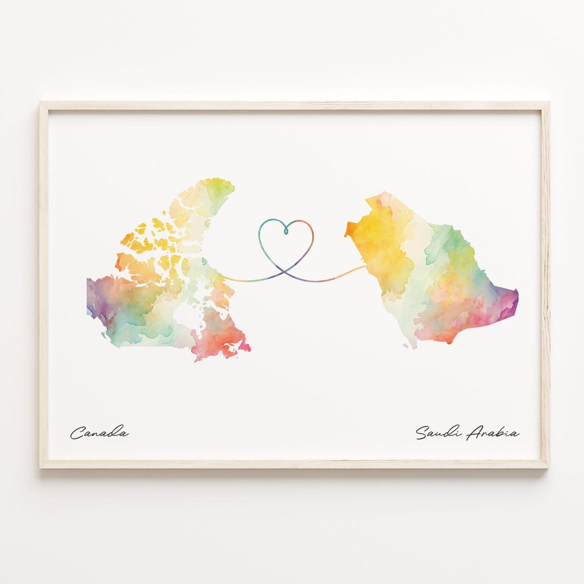 Canada to Saudi Arabia Watercolor Heart Map Long Distance Love Poster
