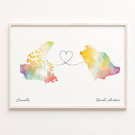 Canada to Saudi Arabia Watercolor Heart Map Long Distance Love Poster