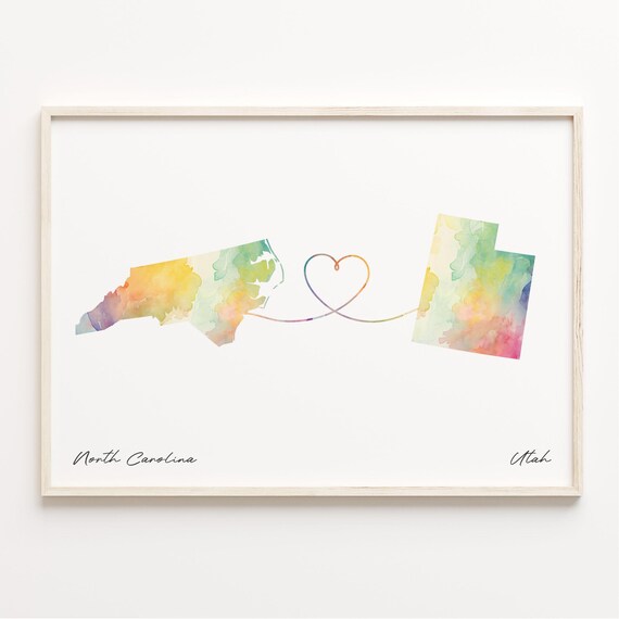 North Carolina To Utah Watercolor Map Heart Connection Poster