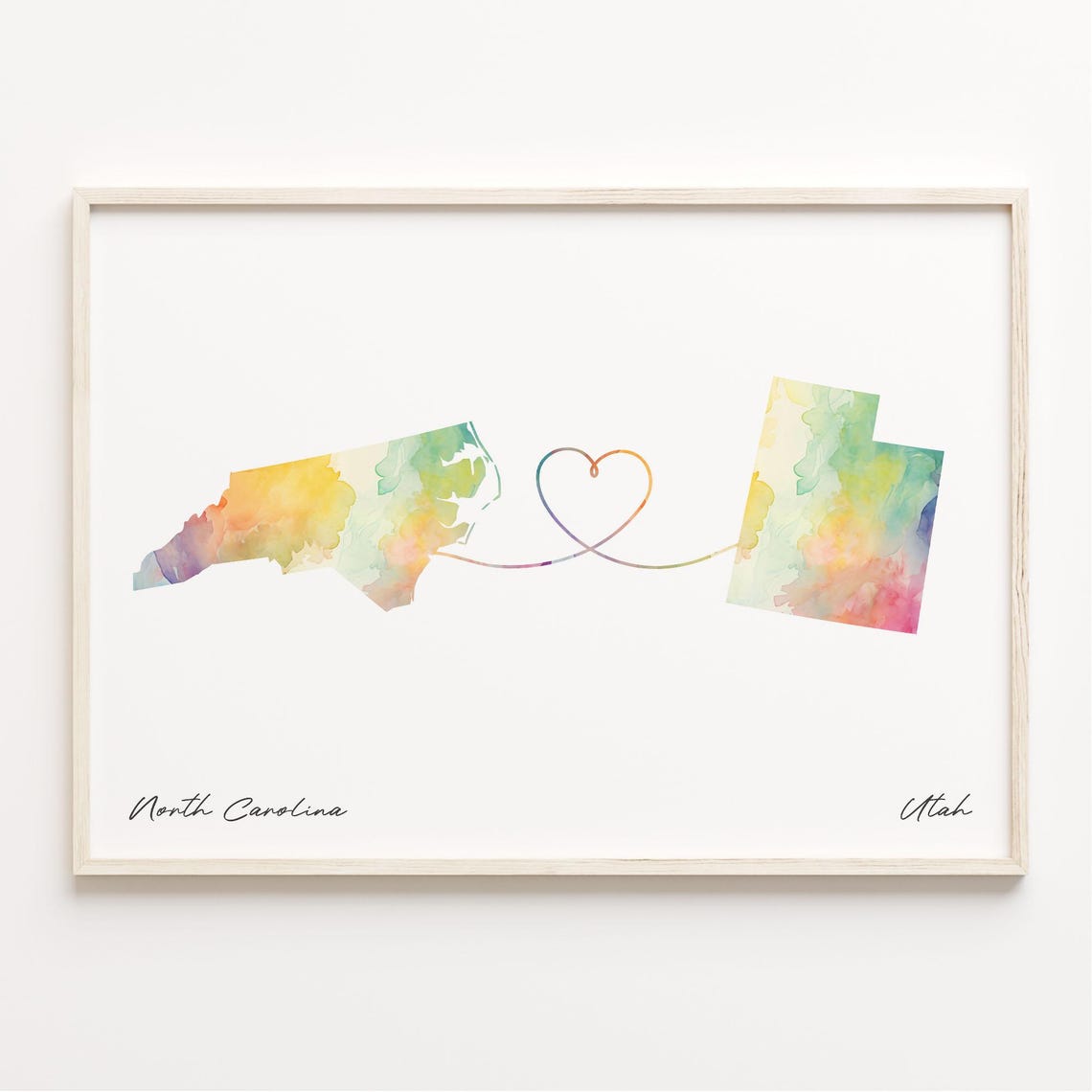 North Carolina To Utah Watercolor Map Heart Connection Poster