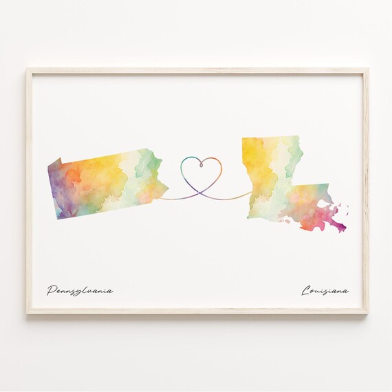 Pennsylvania to Louisiana Watercolor Map Heart Connection Art Poster