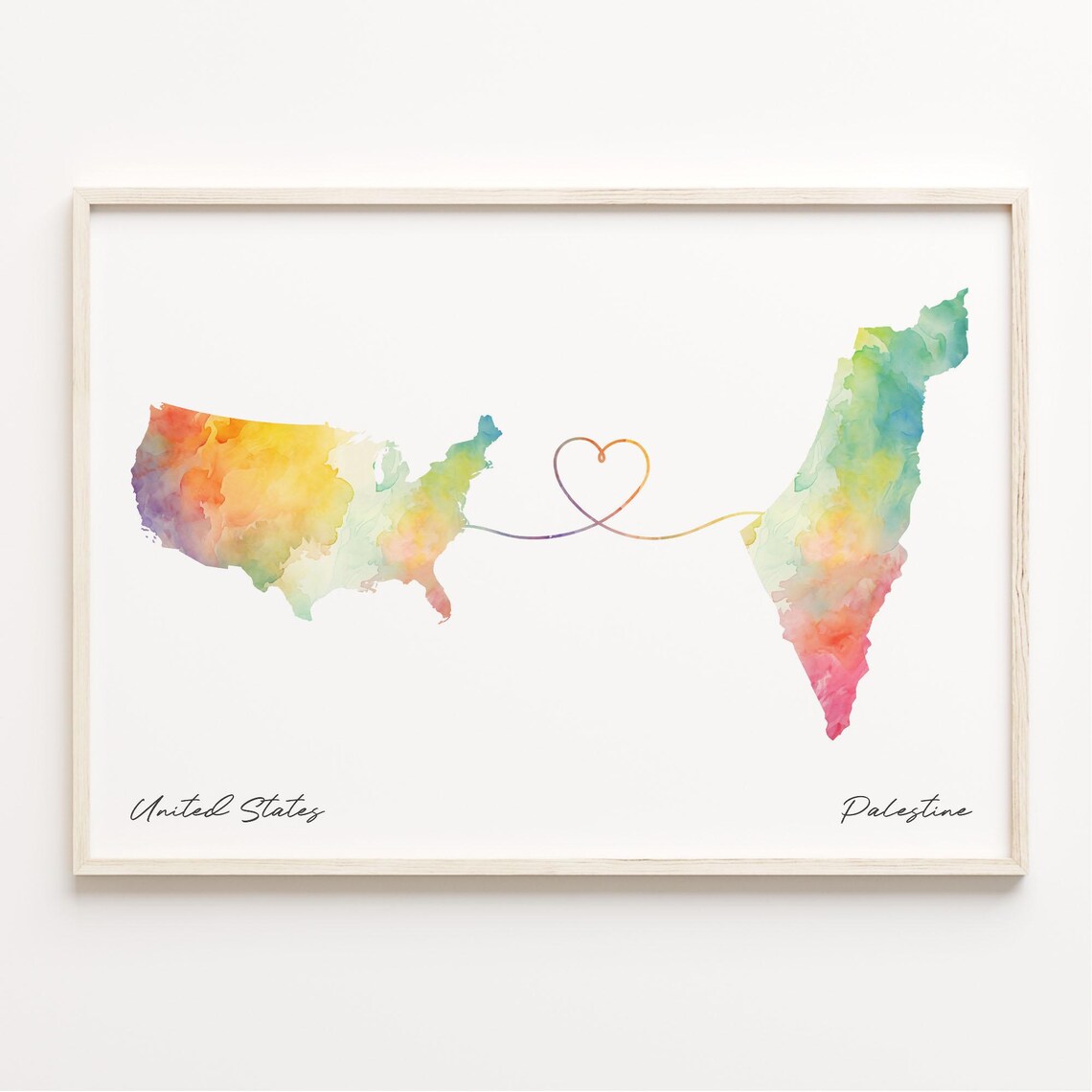 United States To Palestine Watercolor Heart Map Travel Print