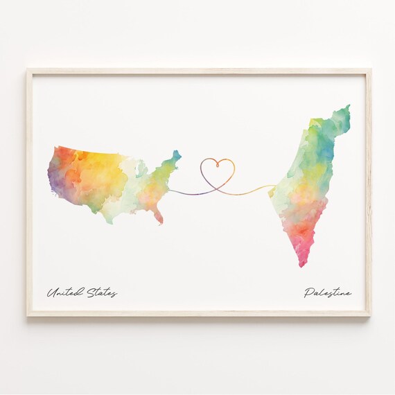 United States To Palestine Watercolor Heart Map Travel Print