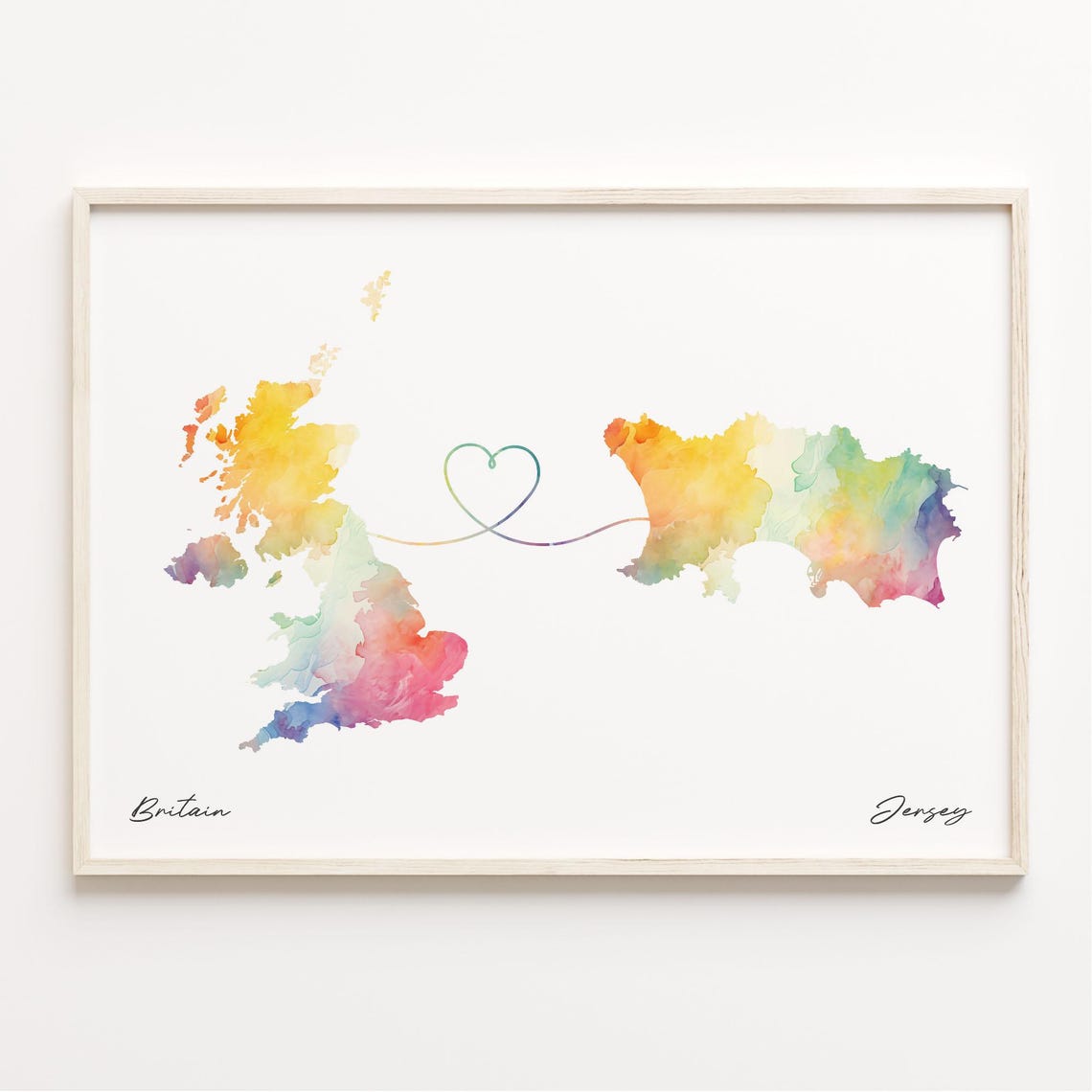 Britain Jersey Watercolor Heart Map Long Distance Love Poster