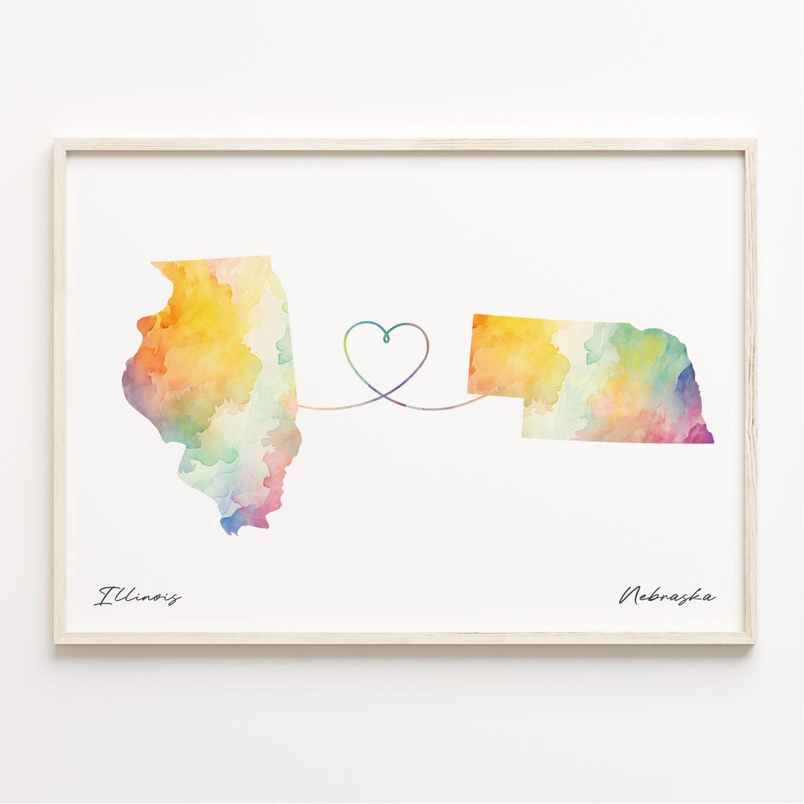 Illinois To Nebraska Watercolor State Map Heart Connection Art Poster