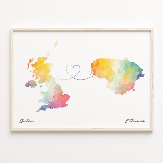 Britain to Lithuania Watercolor Heart Map Long Distance Love Print