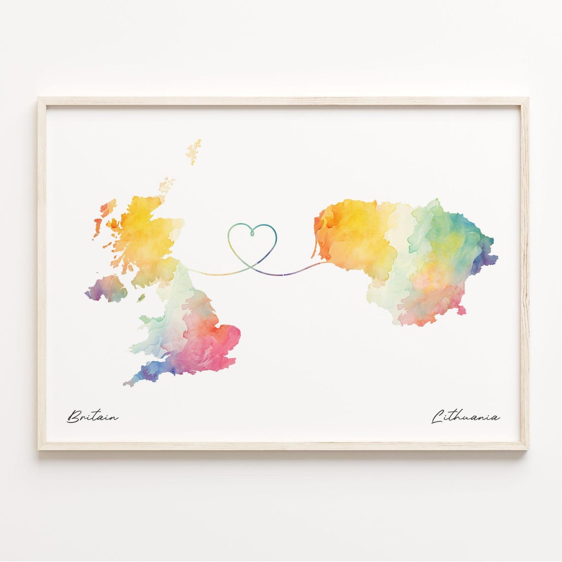 Britain to Lithuania Watercolor Heart Map Long Distance Love Print