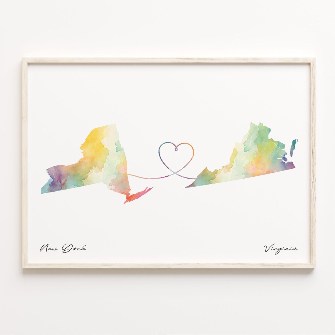 New York To Virginia Watercolor Map Heart Line Connection Art Poster