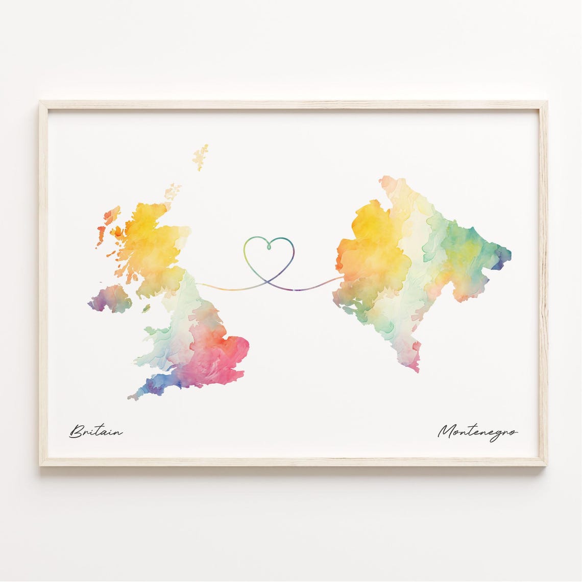 Britain to Montenegro Watercolor Map Heart Long Distance Poster