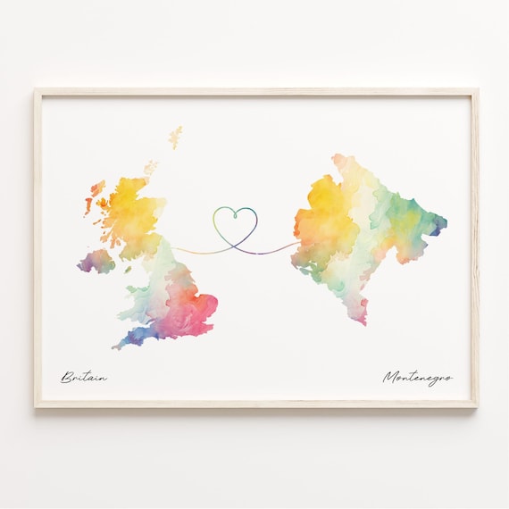 Britain to Montenegro Watercolor Map Heart Long Distance Poster