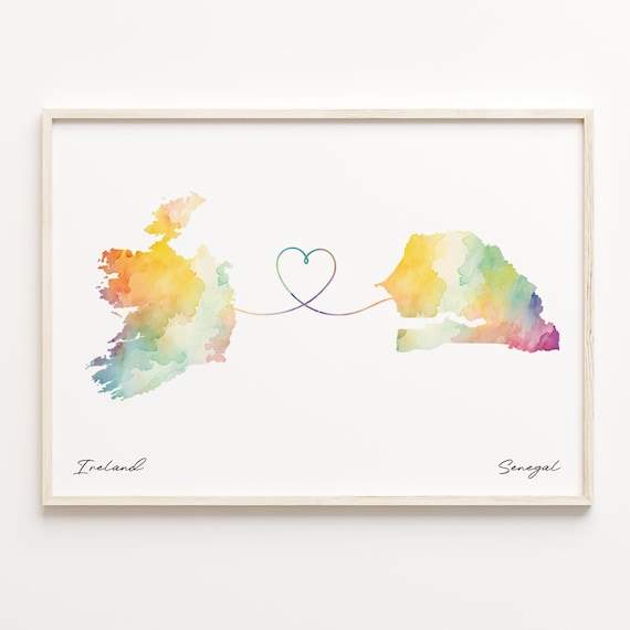 Ireland To Senegal Watercolor Heart Connection Map Art Poster