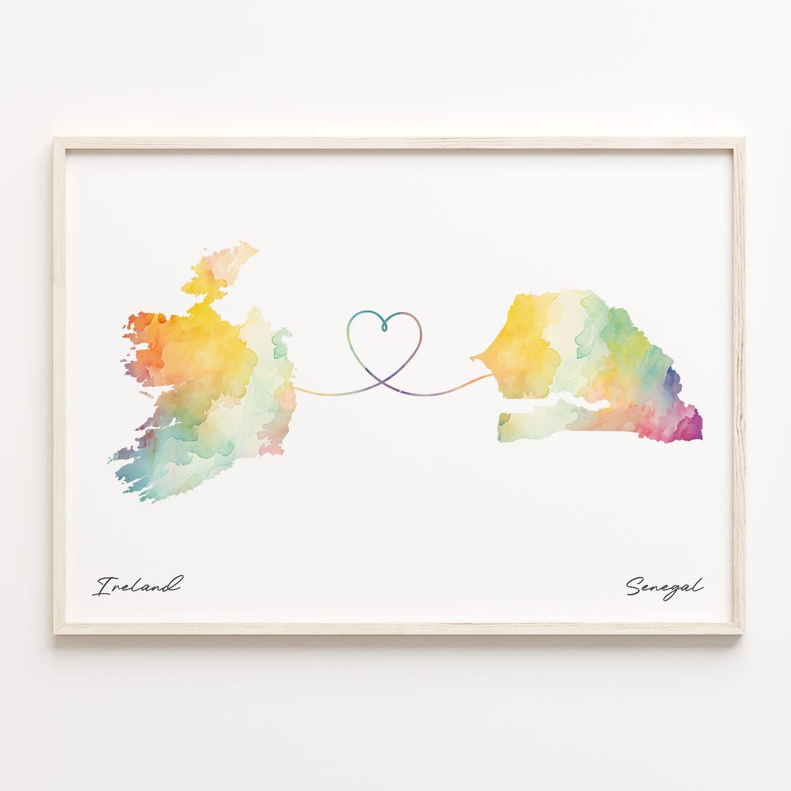 Ireland To Senegal Watercolor Heart Connection Map Art Poster