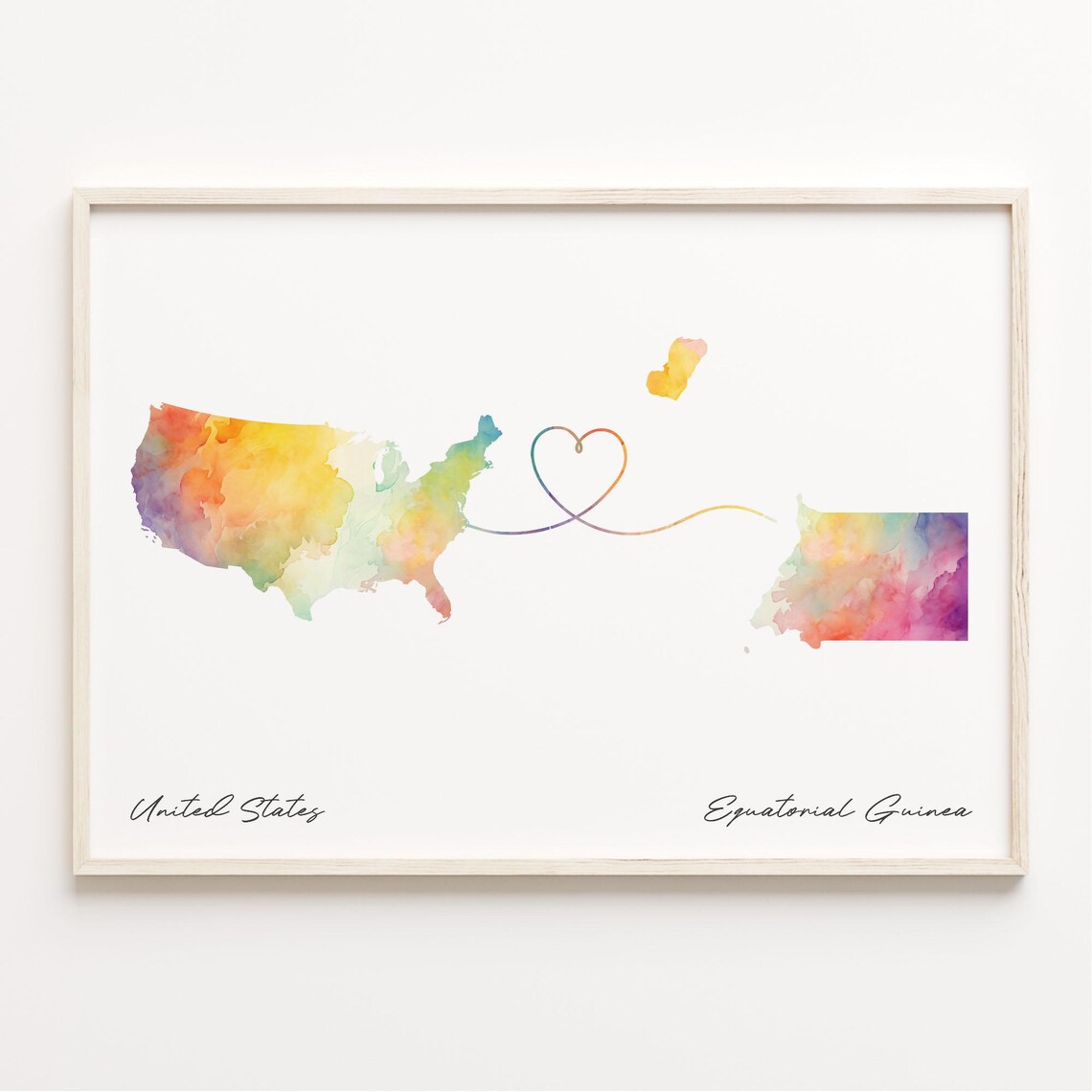 United States To Equatorial Guinea Watercolor Heart Map Poster