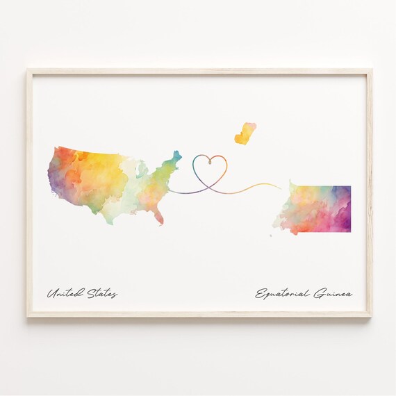 United States To Equatorial Guinea Watercolor Heart Map Poster