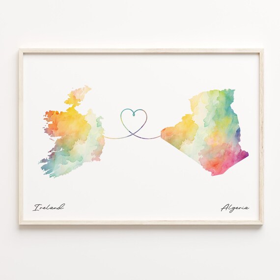 Ireland Algeria Watercolor Heart Map Long Distance Love Poster