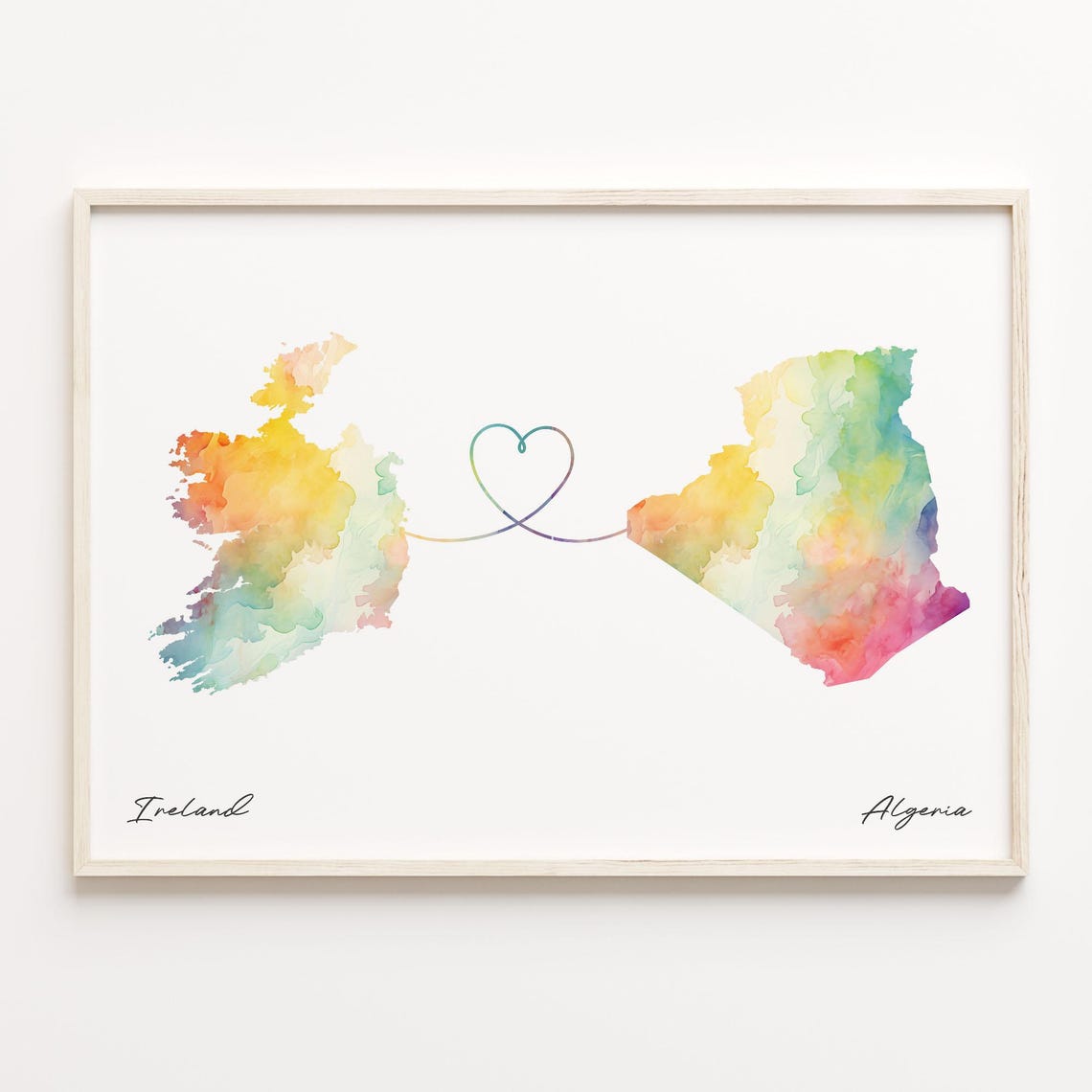 Ireland Algeria Watercolor Heart Map Long Distance Love Poster