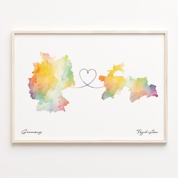 Germany to Tajikistan Watercolor Map Poster Heart Line Distance Gift