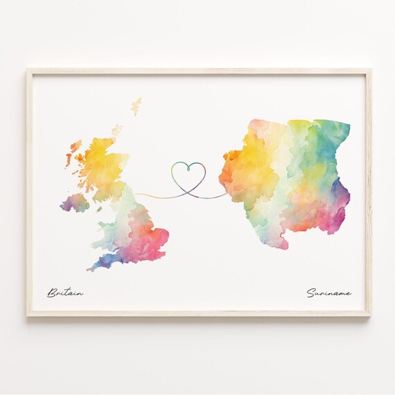 Britain to Suriname Watercolor Heart Map Long Distance Connection Poster