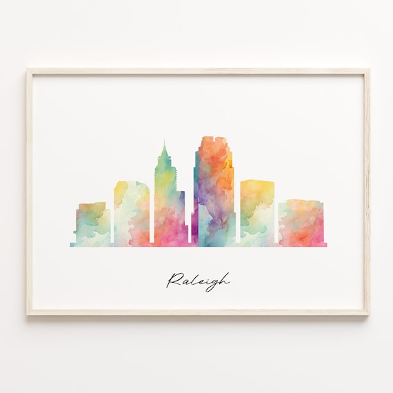 Raleigh North Carolina Rainbow Watercolor Skyline Cityscape Travel Poster