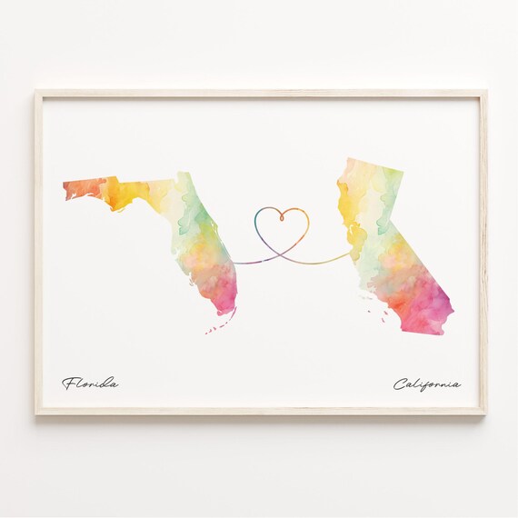 Florida to California Heart Line Watercolor State Map Poster