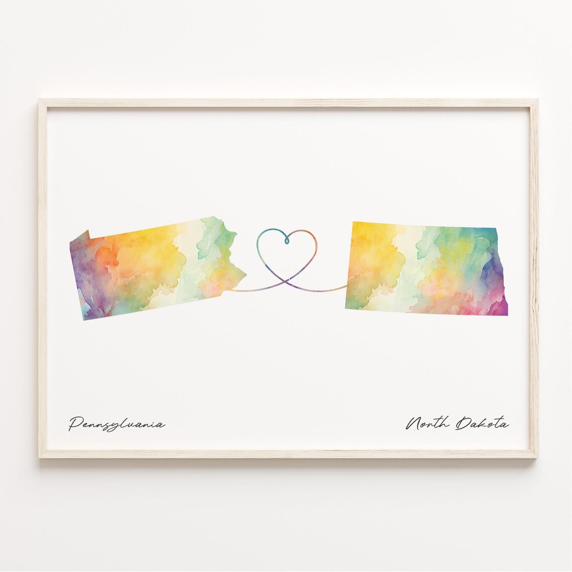 Pennsylvania to North Dakota Love Story Watercolor Map Duo Poster