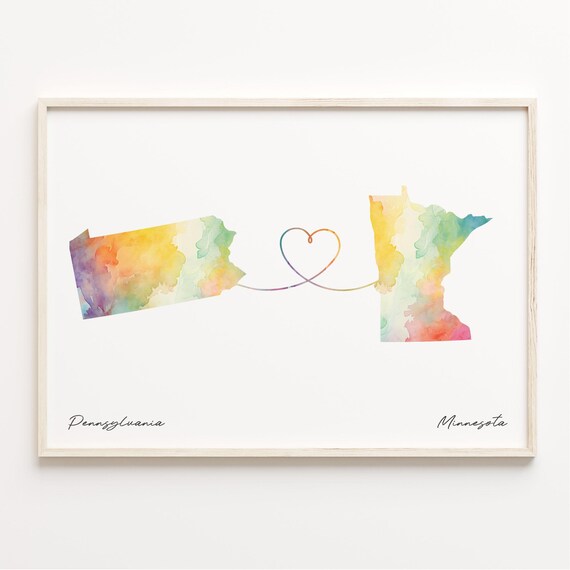 Pennsylvania to Minnesota Watercolor Map Heart Distance Love Poster