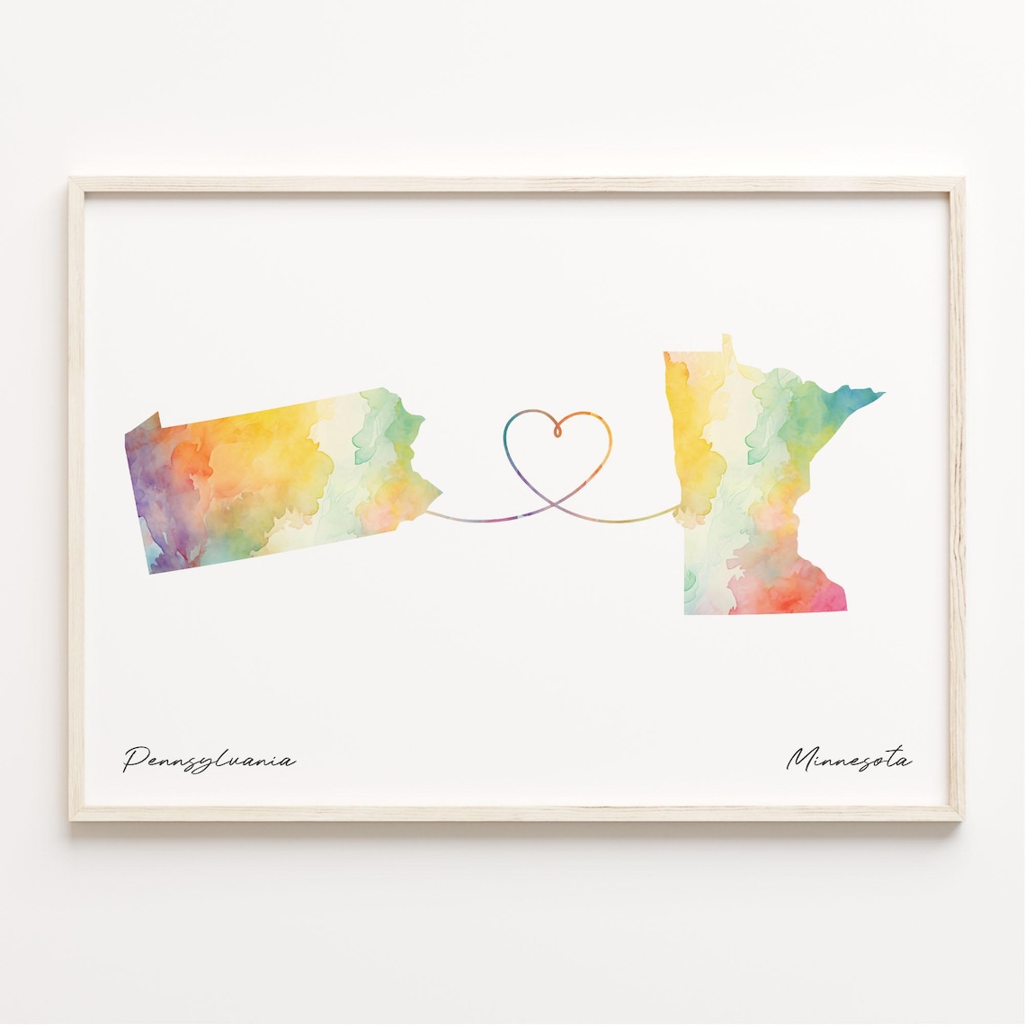 Pennsylvania to Minnesota Watercolor Map Heart Distance Love Poster