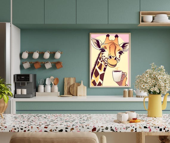 Cute Giraffe Coffee Wall Art Funny Animal Print In 5 Ratios Playful Home Decor Or Gift For Lovers And Kids