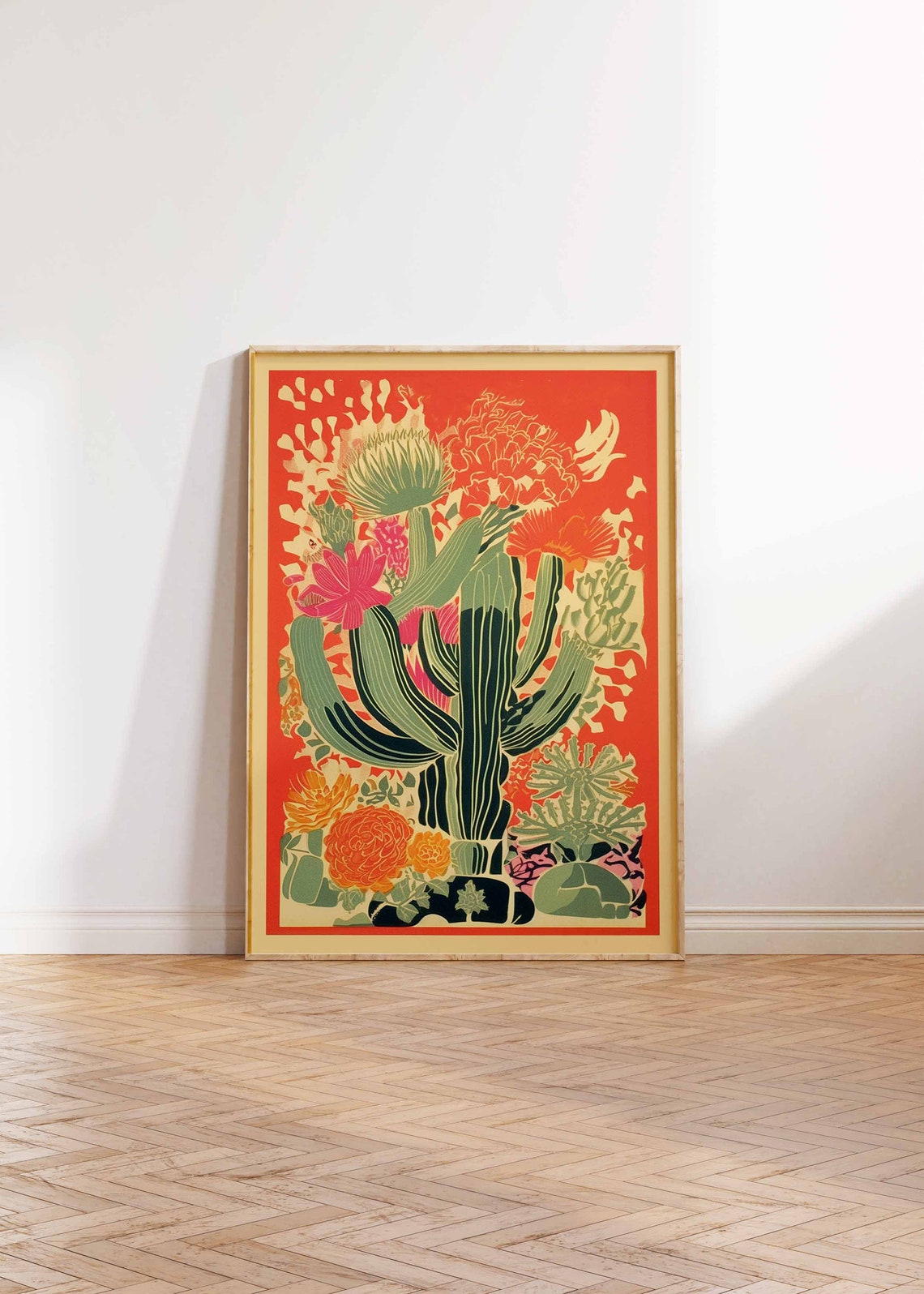 Vintage Mexican Saguaro Cactus in Bold Orange Folk Art Poster - Image 2