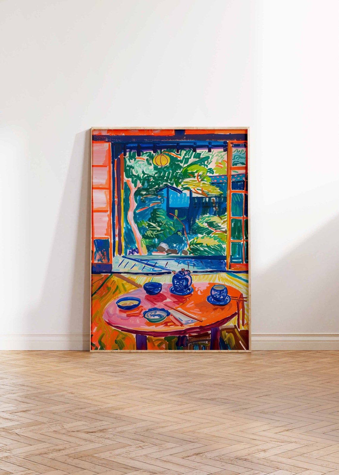 Japanese Tea Set Orange Table Garden View Fauvist Art Print Wall Decor - Image 2
