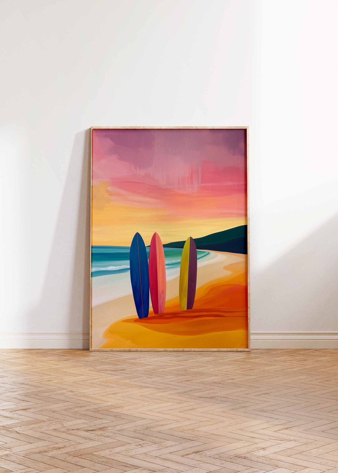 Three Colorful Surfboards on a Golden Beach at Sunset Poster - Image 2