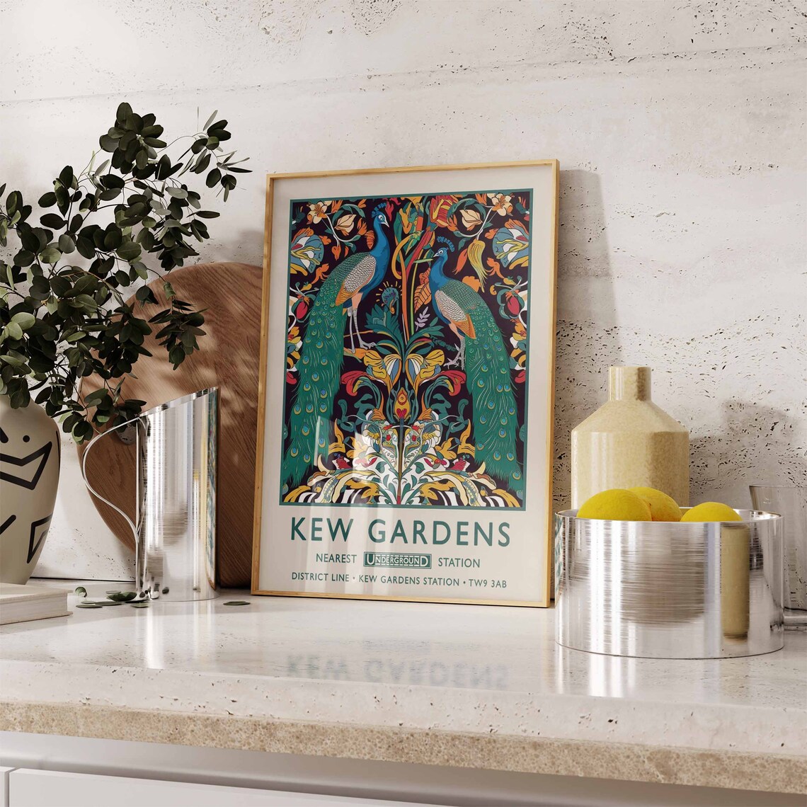 Kew Gardens Two Peacocks Colorful Floral Tapestry Travel Poster - Image 3